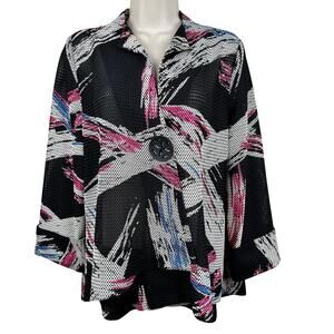 IC by Connie K Swing Jacket Abstract 3/4 Cuff Sleeve Asymmetrical Black M Artsy